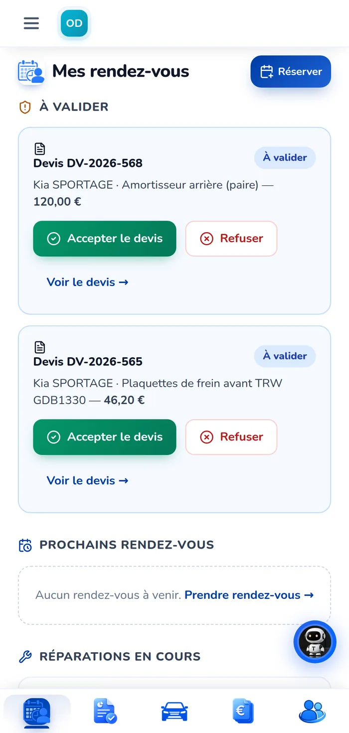 Mes rendez-vous dans le nouvel espace client, avec un devis à valider