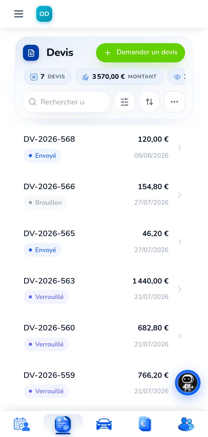 La liste des devis dans le nouvel espace client
